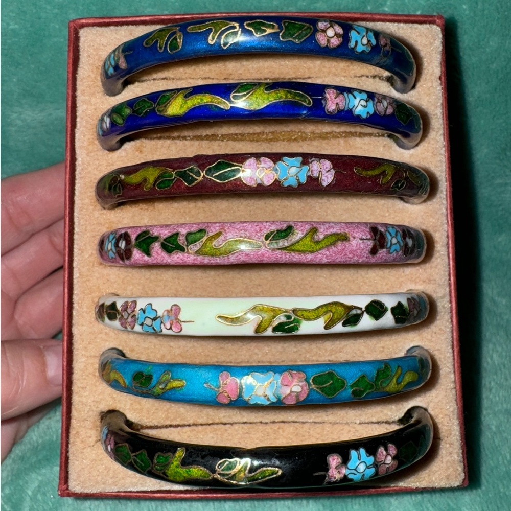 Set of Six Vintage Cloisonné Floral Enamel Bangles.